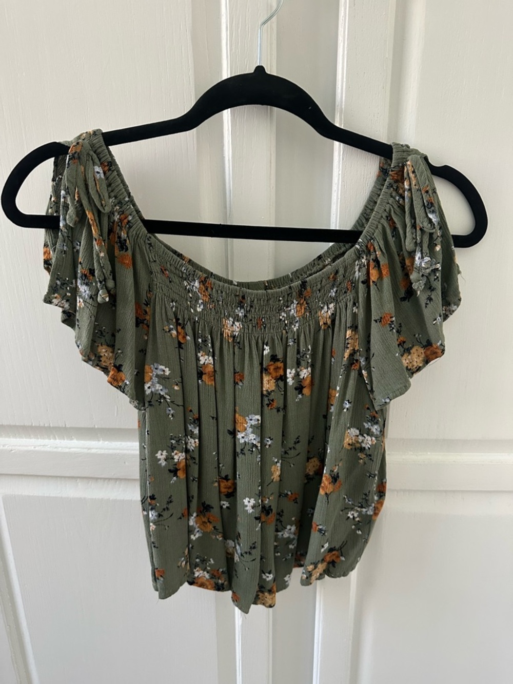Xhilaration Olive Green Floral Off-Shoulder Blouse